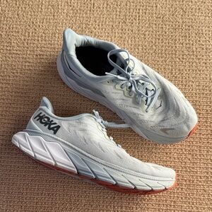 Hoka Athletic Shoes in Light Gray and Coral